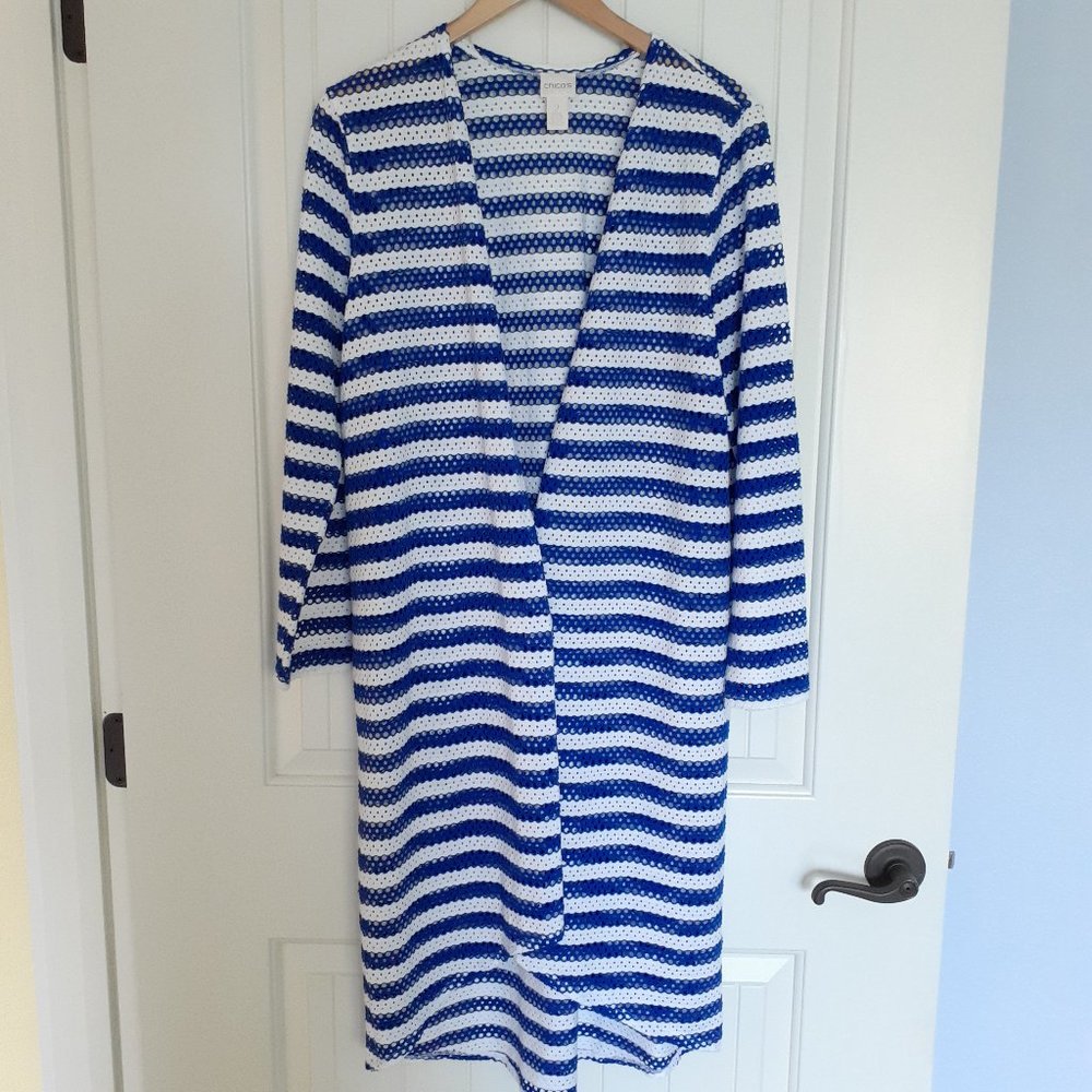 Chico's Striped Tess Long Mesh Open Cardigan Duster Majestic Blue Size 2/Size L